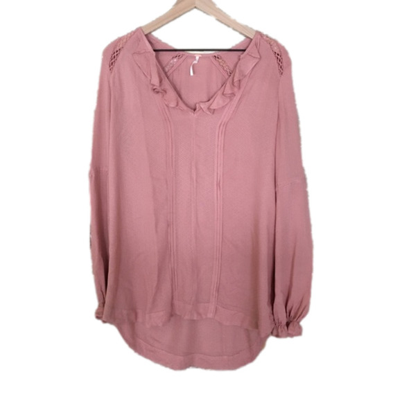 Free People Mauve‎ Long Sleeve Ruffle Crochet Tunic Top Size Small - Picture 1 of 5
